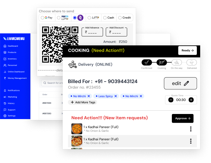 LivingMenu order, billing and payment screens